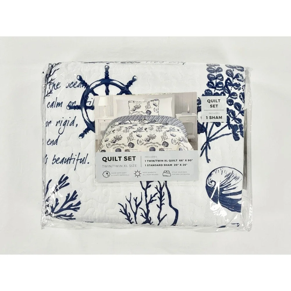 Great‎ Bay Home Catalina Coastal Quilt Set Twin Twin XL Reversible Navy Blue New